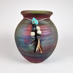 Jeremy Diller Raku Spirit Jar Iridescent Metallic Studio Pottery Feathers Beads